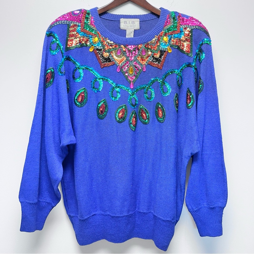 Vintage Sweater With Beads & Sequins Flashy Plus Size Blue Multicolor Size 2X